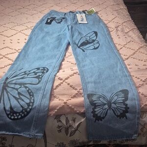 SHEIN Blue Butterfly Wide Leg Jeans